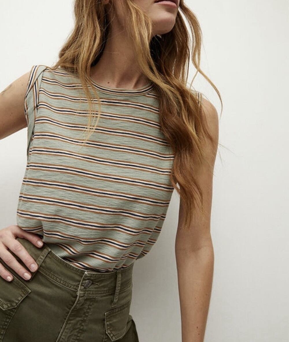 Veronica Beard Dree Muscle Tee Striped Sleeveless Tank Sage Cream Brown Small